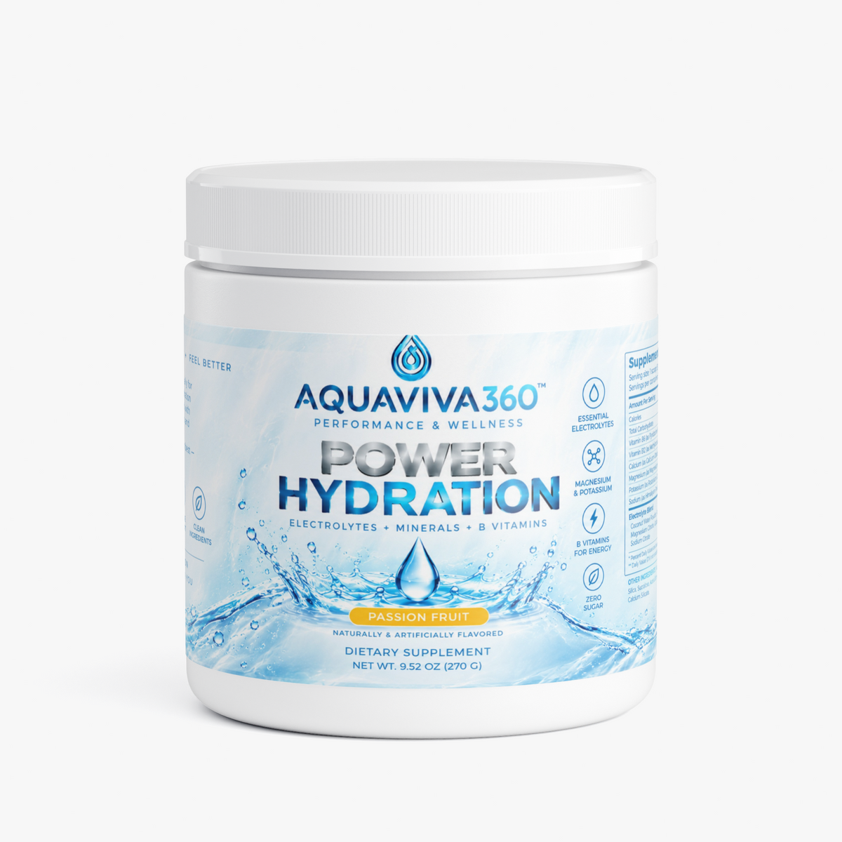 Hydration Powder (Passion Fruit), Polvo Hidratante de Maracuyá con Electrolitos Esenciales- AquaViva360